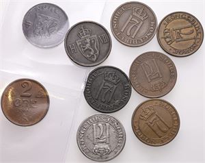 2 øre 1907, 1911, 1912, 1915, 1919, 1923, 1932, 1938, 1945. (9)