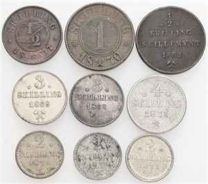 Samling skillingsmønter, alle forskellige. (9)