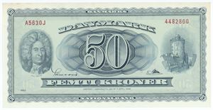 50 kroner 1963 A5 0J, erstatningsseddel, nr. 4482860, Sunesen / Riim