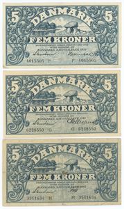 5 kroner 1939 F, 1942 G, 1942 H. (3)