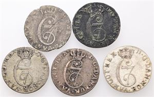 2 skilling 1780, 1784 (2 forskellige), 1787, 1788. (5)