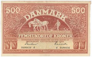 500 kroner 1944 d, nr 0496656, Svendsen / Lund
