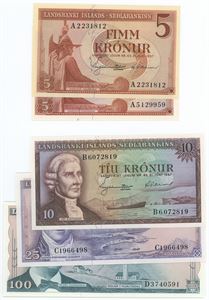 5-, (2 stk.), 10-, 25-, 100 krónur u. år (1960). (5)