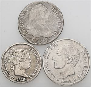 2 Reales 1775; 40 Centimos 1868; 2 Pesetas 1882. (3)