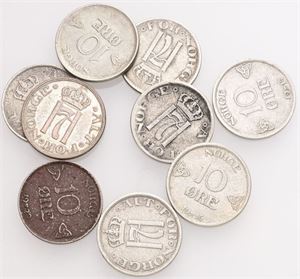10 øre 1909, 1911, 1912, 1913, 1915, 1917, 1918, 1919, 1920. (9)