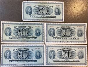 50 kroner 1970, 5 forskellige. (5)