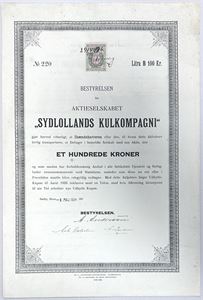 Aktieselskabet Sydlollands Kulkompagni - 1916 - Aktiebrev - 100kr.